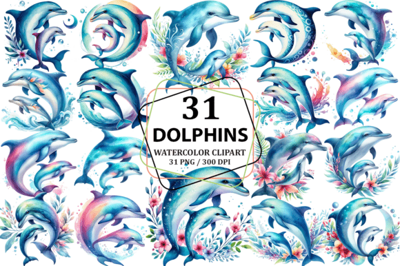 Download Watercolor Mother &amp; Calf Dolphin Clipart - Calf Collection